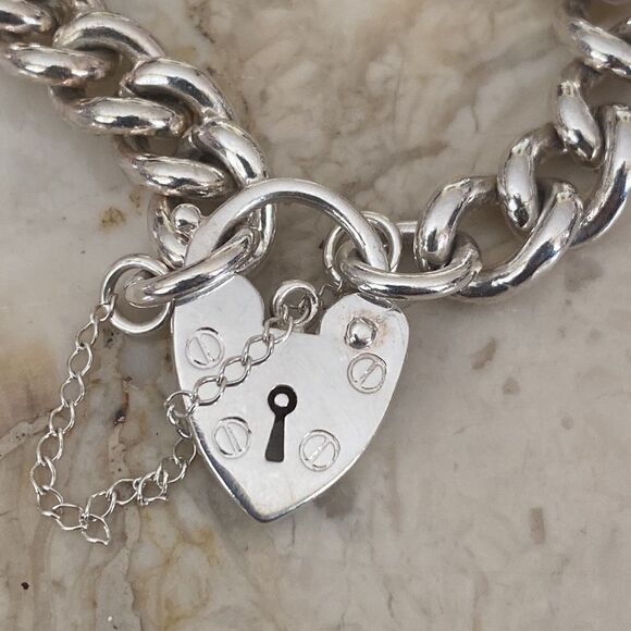 NEW! 925 Sterling Silver Heavy Curb Link Heart Padlock Bracelet 8” - 40g - Picture 2 of 7